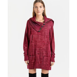 Eight eight eight Marled Cranberry Button Cowl Neck Long Sleeve Sweater Dress